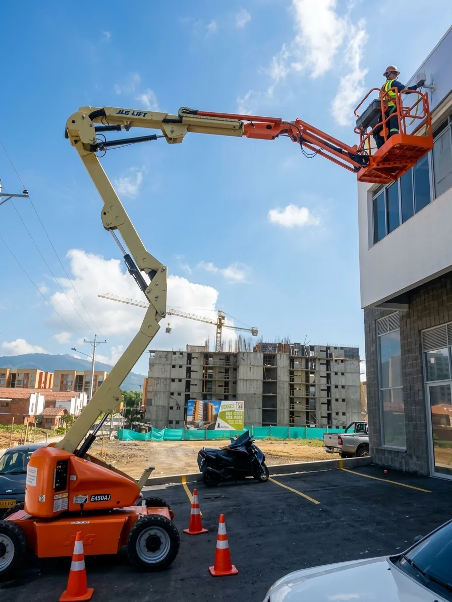 Técnico instalando un aviso desde una plataforma elevadora